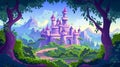 Medieval castle cartoon background landscape set with palace for fantasy fairytale illustration. Forest castle with