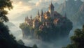 Medieval castle complex perched on a high cliff. Misty mountains and clouds surround ancient stone buildings. Towers and rooftops Royalty Free Stock Photo