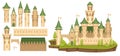 Medieval castle constructor. Old bastion, cartoon ancient tower creator and palace walls elements vector set