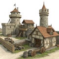 Medieval Castle Courtyard 3D Render, Stone and Wood Structures, Fantasy Architecture, Medieval Village Medieval, 3D render Royalty Free Stock Photo