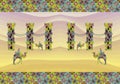 Medieval castle in the desert and camel drivers. Silhouette. Beautiful border - 1. Print for fabric. Paper, wallpaper, wrapping