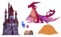 Medieval castle, dragon, gold coins and treasure Royalty Free Stock Photo