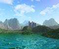 Medieval castle, fantasy landscape, mountains, lake, clouds, 3d illustration