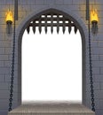 Medieval castle gate with a drawbridge and torches with a white Royalty Free Stock Photo