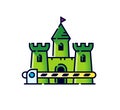 Medieval castle with a gate. Vector. No entry and exit icon. Allegory and metaphor of the restricted area. Outline flat style. Royalty Free Stock Photo