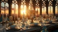 Medieval castle hall banquet majestic feast with candlelit wooden tables and golden sunlight Royalty Free Stock Photo