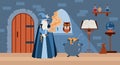 Medieval castle hall with magician making witchcraft, flat vector illustration. Royalty Free Stock Photo