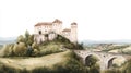 Medieval castle on hill with stone bridge and scenic landscape Royalty Free Stock Photo