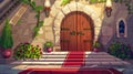 A medieval castle interior with a wooden arched door with potted flowers, stone stairs, red carpet, brick wall, and Royalty Free Stock Photo