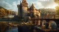 Medieval castle on the island and a bridge leading. Generative AI.