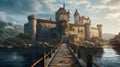 Medieval castle on the island and a bridge leading. Generative AI.