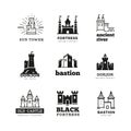 Medieval castle and knight fortress vector ancient royal logo set