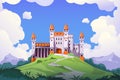 Medieval castle landscape. Cartoon medieval chateau with towers and stone walls, fairy tale palace and princess castle Royalty Free Stock Photo