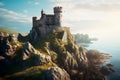 Medieval Castle on mountain near a sea, ancient atmospheric concept, generative ai