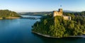 Medieval Castle in Niedzica, Poland, in sunset light. Aerial panorama Royalty Free Stock Photo