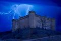 medieval castle at night with storm