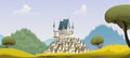 Medieval castle or palace on top of a mountain. Cartoon castle with towers. At the foot of the castle there is a town, mountains