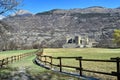 Medieval castle panoramic exterior view Fenis Aosta Valley