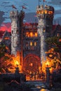 Medieval castle pixel art illustration. Glowing torches light up castle entrance. Knights guard castle gates. Detailed pixelated