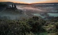 Medieval castle ruins with foggy landscape at sunrise