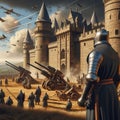 Medieval castle siege with catapults and knights in armor, pho Royalty Free Stock Photo