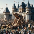 Medieval castle siege with catapults and knights in armor, pho Royalty Free Stock Photo