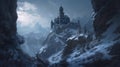 A medieval castle stands imposingly in the snowy tundra amidst the mountains during a blizzard at nighttime. The dark and daunting Royalty Free Stock Photo