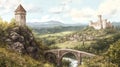 Medieval castle and tower in scenic countryside landscape with stone bridge Royalty Free Stock Photo