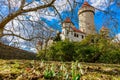 Medieval castle with tower surrounded by spring blossoms and blue sky Royalty Free Stock Photo