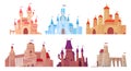 Medieval castle towers. Fairytail mansion exterior, king fortress castles and fortified palace with gate cartoon vector Royalty Free Stock Photo