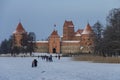Medieval castle in Trakai, winter landscape, Vilnius County, Lit Royalty Free Stock Photo