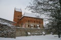 Medieval castle in Trakai, winter landscape, Vilnius County, Lit Royalty Free Stock Photo