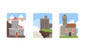 Medieval Castles Collection, Ancient Buildings on Summer Nature Landscape Vector Illustration Royalty Free Stock Photo