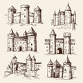 Medieval castles. Drawing ancient building towers gothic architectural objects old castles recent vector illustrations