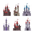 Medieval castles set. Fairytale palaces, mansions, stone fortress castle cartoon vector illustration Royalty Free Stock Photo