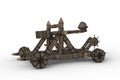 Medieval catapult weapon made of wood with wheels. 3D illustration isolated Royalty Free Stock Photo