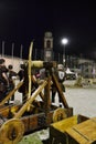 Medieval catapult wooden engine exposed during the village festival.