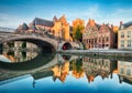 Medieval cathedral and bridge over a canal in Ghent - Gent, Belg Royalty Free Stock Photo