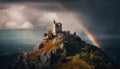 Medieval chapel atop majestic cliff, nature beauty generated by AI