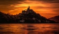 Medieval chapel reflects sunset on tranquil water generated by AI