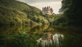 Medieval chapel reflects in tranquil pond at dusk generated by AI