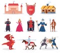 Medieval character, dragon and building isolated set