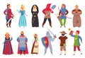 Medieval characters. Flat knight, man king and princess. Cute boy, actors in costumes. Cartoon peasant archer, decent Royalty Free Stock Photo