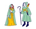 Medieval Characters Man and Woman Wearing Ancient Long Dress with Hood on Head. Male Personage Holding Staff