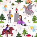 Medieval characters pattern. Cartoon print with fairytale prince and princess. Magician castle. Witch and dragon Royalty Free Stock Photo