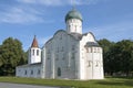 Medieval Church of Fyodor Stratelates on the stream close-up. Veliky Novgorod