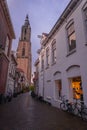 Medieval church tower Onze Lieve Vrouwetoren on a rainy day in Amersfoort, Netherlands Royalty Free Stock Photo