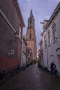 Medieval church tower Onze Lieve Vrouwetoren on a rainy day in Amersfoort, Netherlands Royalty Free Stock Photo