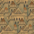 Medieval city architecture. Seamless pattern in a style of a medieval tapestry or illuminated manuscript.