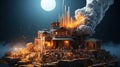 Medieval city destroyed by fire. Elements of this image furnished.